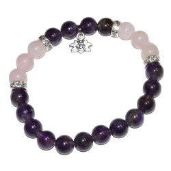 Amethyst & Rose Quartz 8mm Bracelet, Lotus Charm