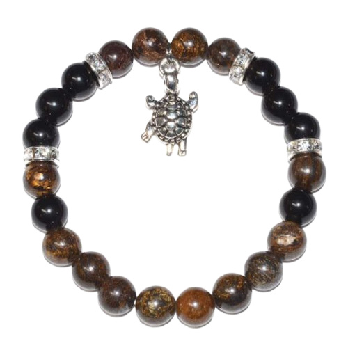 Bronzite & Rainbow Obsidian 8mm Bracelet, Turtle Charm