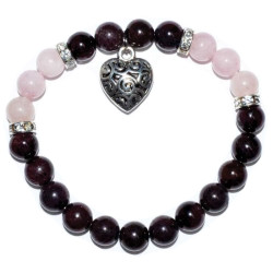 Garnet & Rose Quartz 8mm Bracelet, Heart Charm