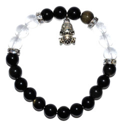 Goldsheen Obsidian & Quartz 8mm Good Luck Bracelet, Frog Charm