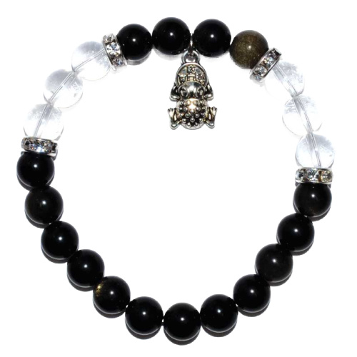 Goldsheen Obsidian & Quartz 8mm Good Luck Bracelet, Frog Charm