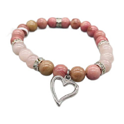 Rhodonite & Rose Quartz 8mm Bracelet, Heart Charm