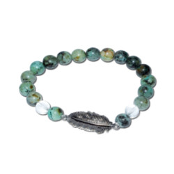 Turquoise w/ Quartz 8mm Bracelet, Feather Charm